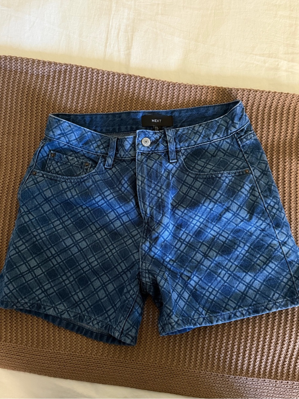 100% Cotton NEXT Blue Plaid Denim Shorts